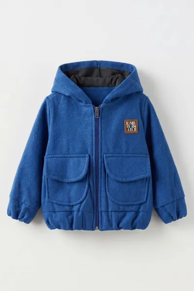 Saks Mavisi (1-5 Yaş) Kapüşonlu Cepli Astarlı Kaşe Erkek Çocuk Mont 495773