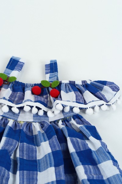 Saks Mavisi (1-5 yaş) Yakası Kiraz Armalı Kız Çocuk Elbise 121076