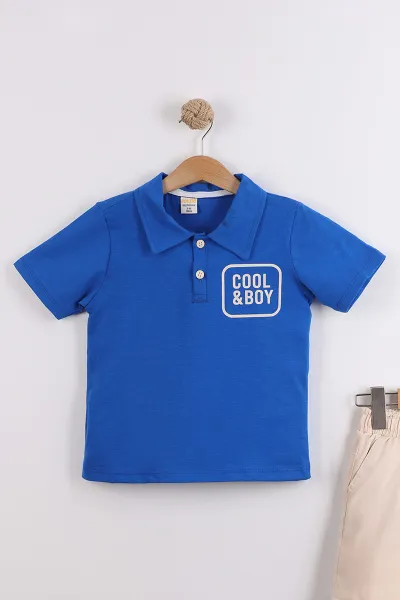 Saks Mavisi (10-13 Yaş)Gömlek Yaka Düğmeli Gabardin Şortlu Erkek Çocuk Takım 457662