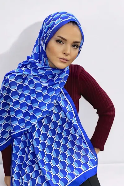 Saks Mavisi 180X70 cm Dijital Baskı Chaıne Desenli Pamuk Şal 333221