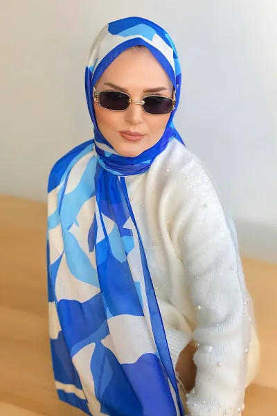 Saks Mavisi 180X70 cm Dijital Baskı Colorful Desenli Pamuk Şal 336629