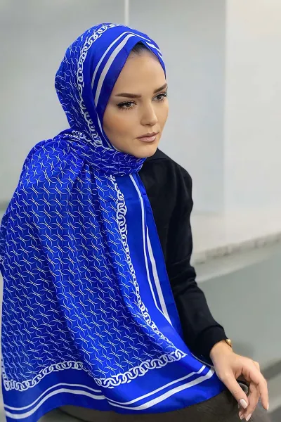 Saks Mavisi 180X70 cm Dijital Baskı Zincir Desenli Pamuk Şal 332917