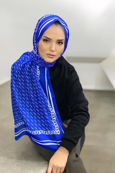 Saks Mavisi 180X70 cm Dijital Baskı Zincir Desenli Pamuk Şal 332917