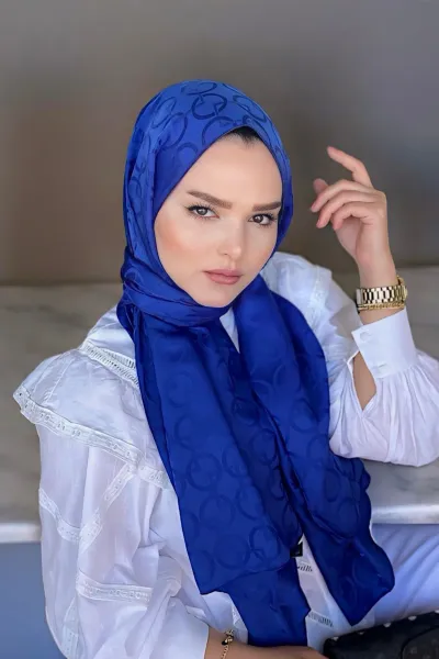 Saks Mavisi 180x70 Jakar İpeksi Karo Desen Şal 270901