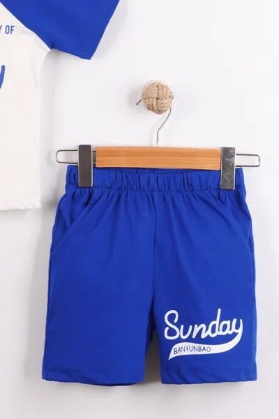 Saks Mavisi (3-10 Yaş)Sunday Baskılı Yakalı Düğmeli Garnili Erkek Çocuk Takım 460728