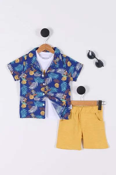 Saks Mavisi (3-6 Yaş) Baskılı Dokuma Gömlek 3'lü Erkek Çocuk Takım 266983