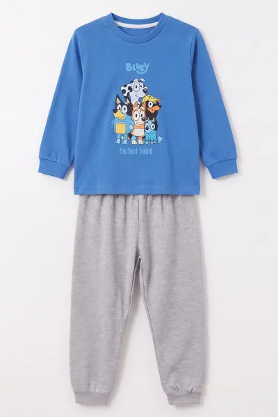 Saks Mavisi (3-8 Yaş) Karakter Baskılı İnterlok Kumaş Erkek Çocuk Pijama Takım 491036