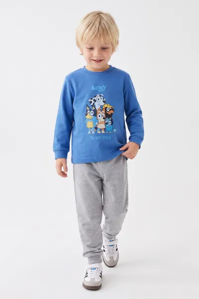 Saks Mavisi (3-8 Yaş) Karakter Baskılı İnterlok Kumaş Erkek Çocuk Pijama Takım 491036
