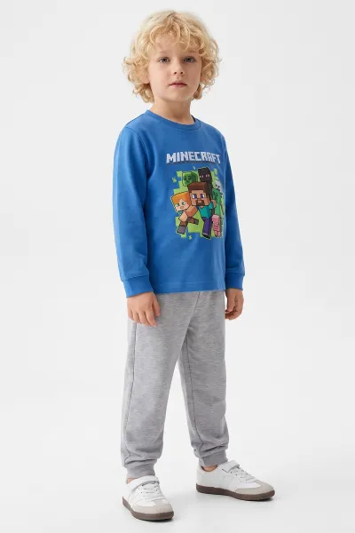 Saks Mavisi (3-8 Yaş) Karakter Baskılı İnterlok Kumaş Erkek Çocuk Pijama Takım 491043