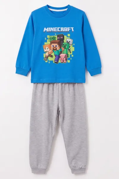 Saks Mavisi (3-8 Yaş) Karakter Baskılı İnterlok Kumaş Erkek Çocuk Pijama Takım 491043