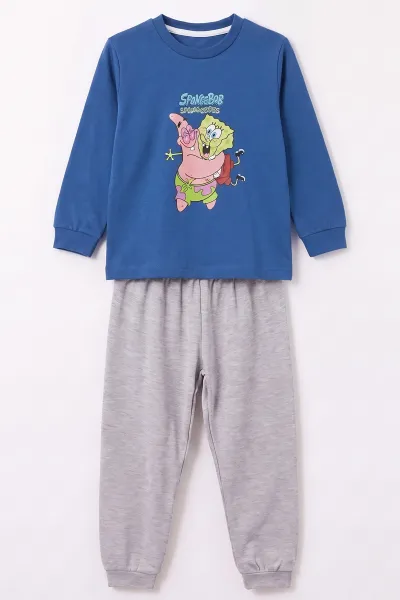 Saks Mavisi (3-8 Yaş) Karakter Baskılı İnterlok Kumaş Erkek Çocuk Pijama Takım 491045