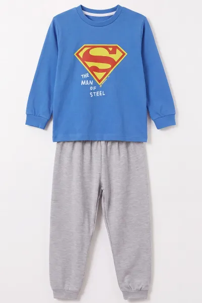 Saks Mavisi (3-8 Yaş) Karakter Baskılı İnterlok Kumaş Erkek Çocuk Pijama Takım 491047