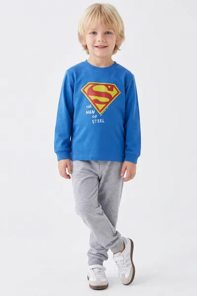 Saks Mavisi (3-8 Yaş) Karakter Baskılı İnterlok Kumaş Erkek Çocuk Pijama Takım 491047
