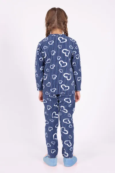 Saks Mavisi (4-12 Yaş)Kalp  Desenli Polar Kumaş Kız Çocuk Pijama Takımı 327476