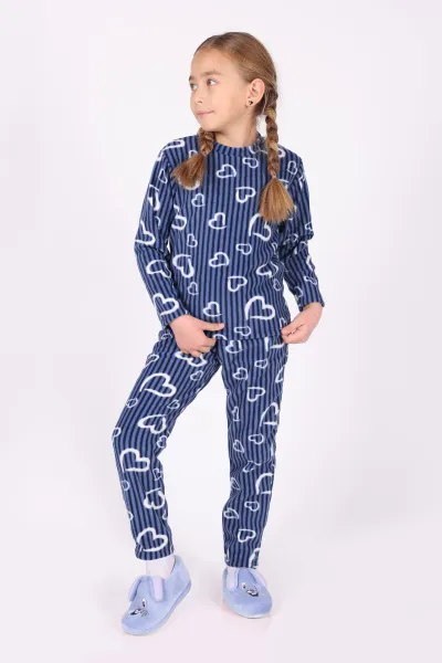 Saks Mavisi (4-12 Yaş)Kalp  Desenli Polar Kumaş Kız Çocuk Pijama Takımı 327476