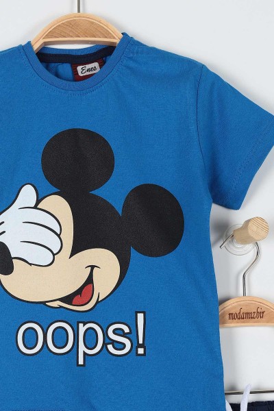Saks Mavisi (5-8 Yaş) Oops Fare Baskılı Şortlu Erkek Çocuk Takım 181291