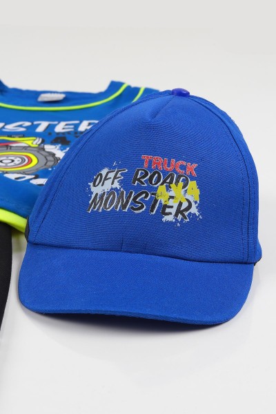 Saks Mavisi (5-8 yaş) Şapkalı Monster Baskılı Erkek Çocuk Kaprili Takım 112364