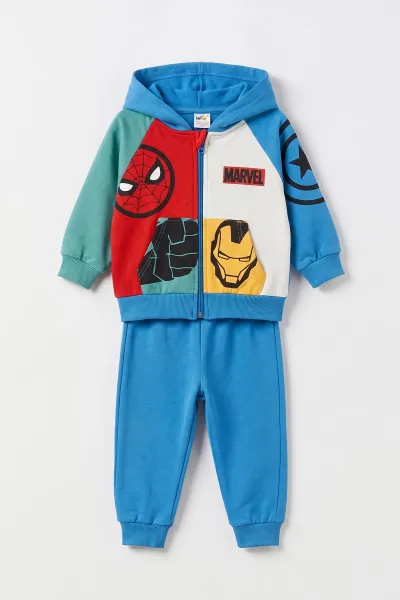 Saks Mavisi (6-24 Ay) Karakter Baskılı Kapüşonlu Fermuarlı Erkek Bebek Takım 473198