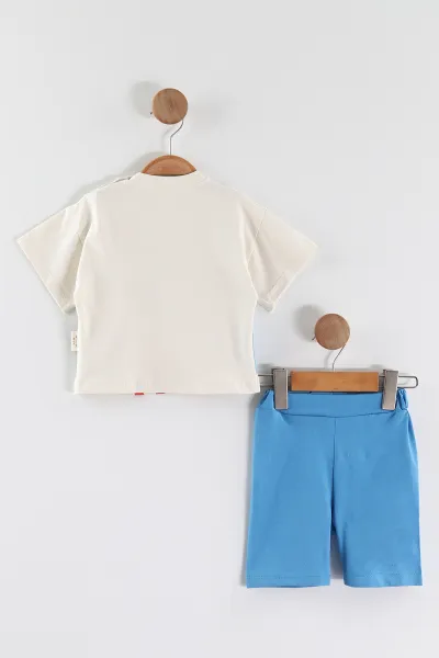 Saks Mavisi (6-24 Ay) Safari Baskılı Cep Detaylı Erkek Bebek Yazlık Takım 467673