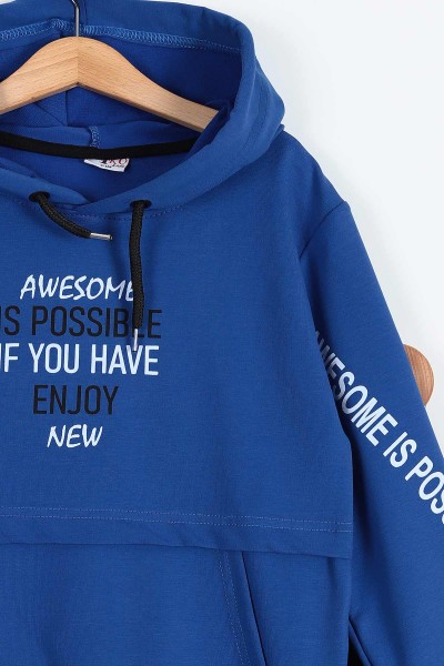 Saks Mavisi (9-12 Yaş) Awesome Baskılı Kapüşonlu İki İp Erkek Çocuk Takım 195453