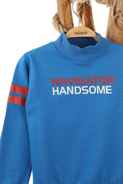 Saks Mavisi (9-12 Yaş) Navigatör Baskılı İki İp Şardonlu Erkek Çocuk Sweat 148940
