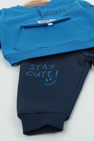 Saks Mavisi (9-24 Ay) Stay Cute Baskılı Kapak Cepli Üç İp Şardonlu Erkek Çocuk Takım 136799