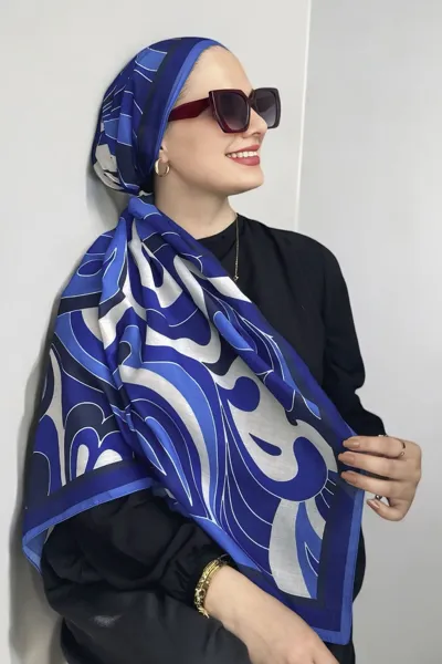 Saks Mavisi 90x90 Cm Dijital Baskı Colorful Desenli Pamuk Eşarp 373003