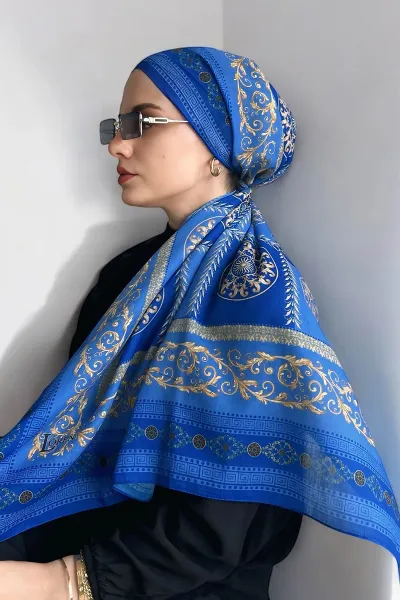 Saks Mavisi 90x90 Cm Dijital Baskı Lenora Desenli Pamuk Eşarp 371006
