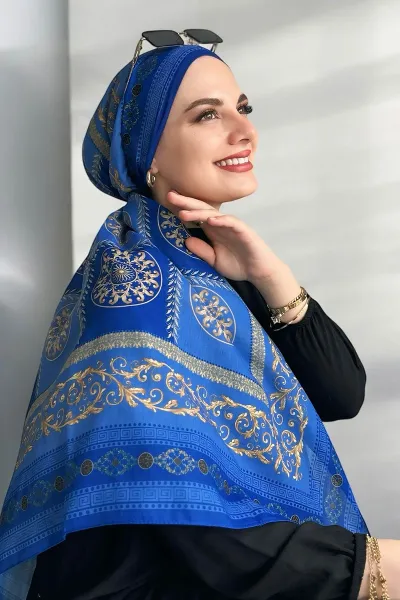 Saks Mavisi 90x90 Cm Dijital Baskı Lenora Desenli Pamuk Eşarp 371006