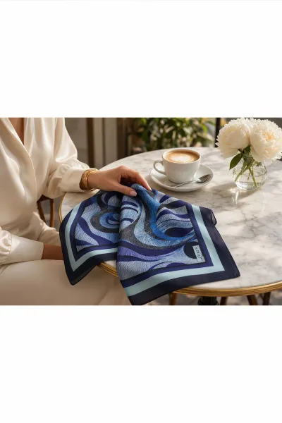 Saks Mavisi 90x90 Cm Dijital Baskılı Armonia Desen Soft Eşarp 498625