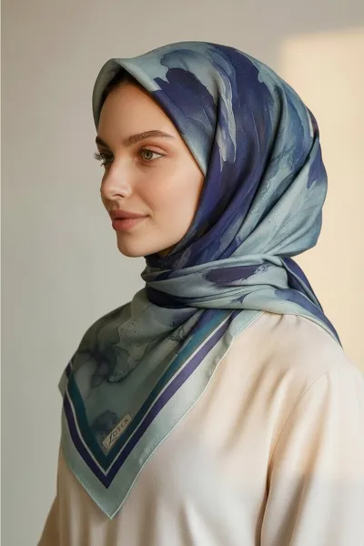 Saks Mavisi 90x90 Cm Dijital Baskılı Floria Desen Soft Eşarp 498563
