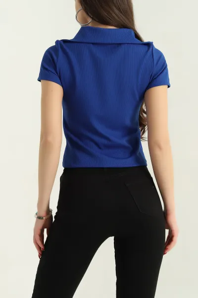 Saks Mavisi Açma Yaka Fitilli Bluz 336504