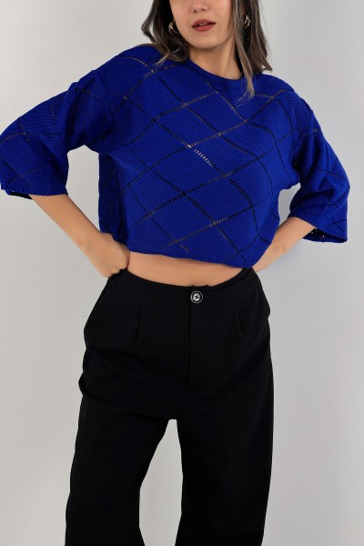 Saks Mavisi Ajurlu Crop Triko Kazak 137483
