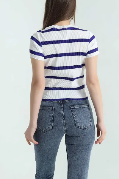 Saks Mavisi Akordiyon Kumaş Çizgili Bluz 334160