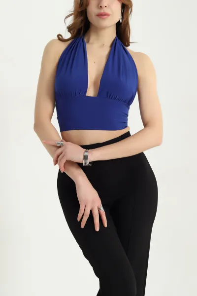 Saks Mavisi Arkadan Bağlamalı Likralı Sandy Bluz 338352