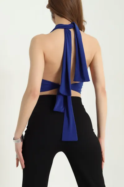 Saks Mavisi Arkadan Bağlamalı Likralı Sandy Bluz 338352