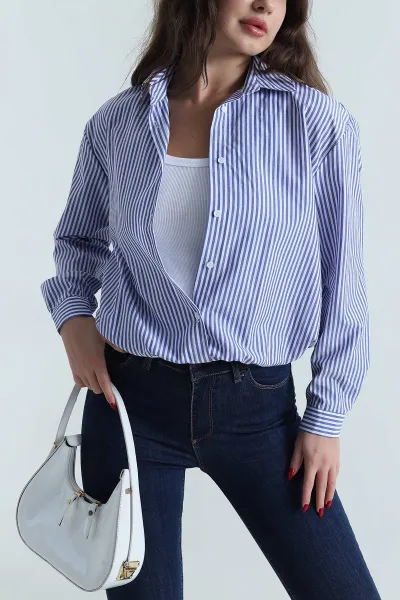Saks Mavisi Atlet Astarlı Çizgili Kadın Poplin Gömlek Bluz 495375