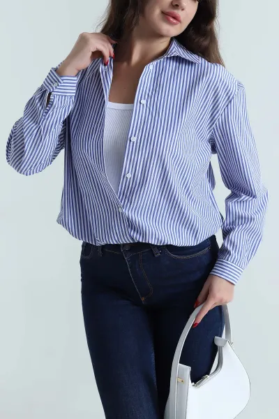 Saks Mavisi Atlet Astarlı Çizgili Kadın Poplin Gömlek Bluz 495375