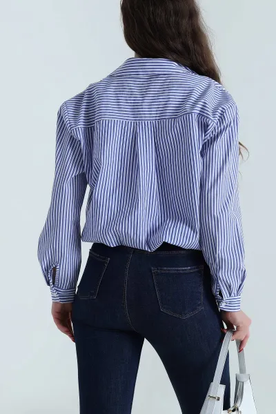 Saks Mavisi Atlet Astarlı Çizgili Kadın Poplin Gömlek Bluz 495375