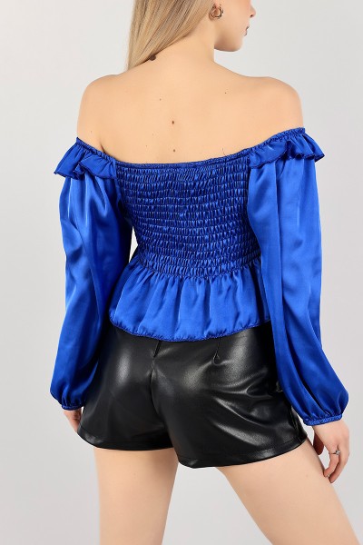 Saks Mavisi Balon Kol Gipeli Saten Bluz 103205