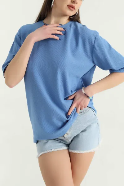 Saks Mavisi Basic Dokulu Bayan Tişört 337682