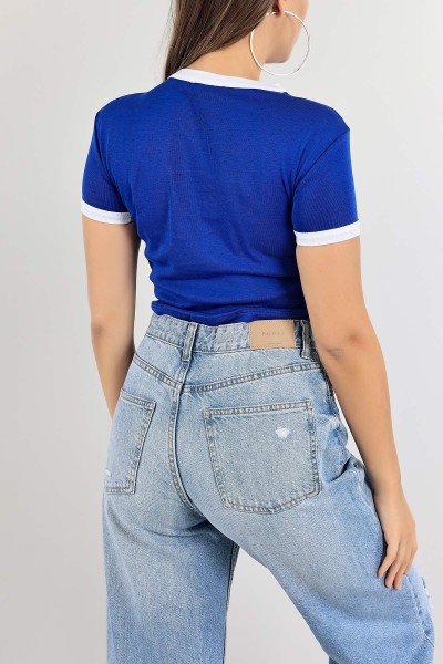 Saks Mavisi Baskılı Crop Tişört 120896