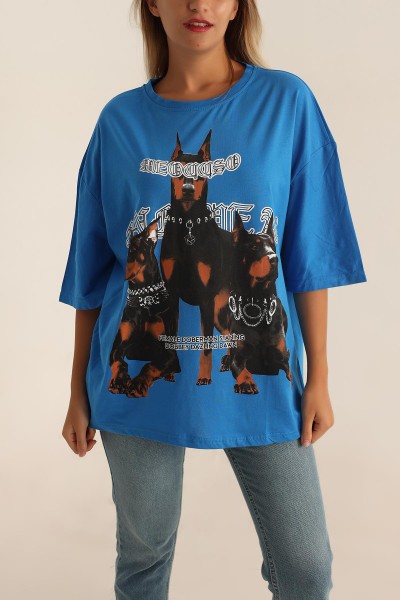 Saks Mavisi Baskılı Oversize Bayan Tişört 193650