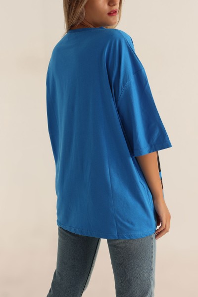 Saks Mavisi Baskılı Oversize Bayan Tişört 193650