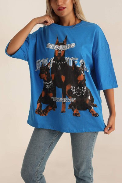 Saks Mavisi Baskılı Oversize Bayan Tişört 193650