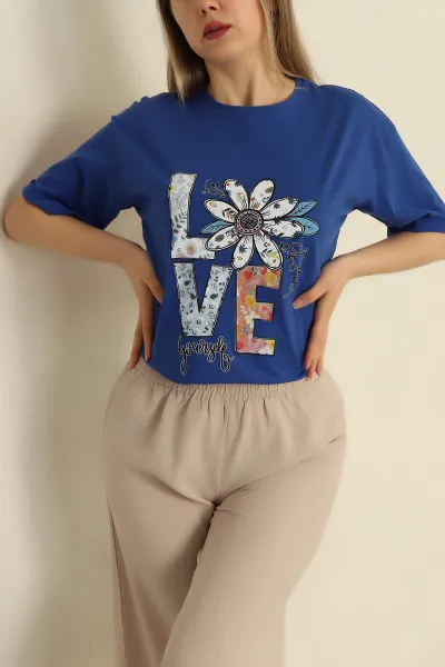 Saks Mavisi Baskılı Süprem Bayan Tişört 266365