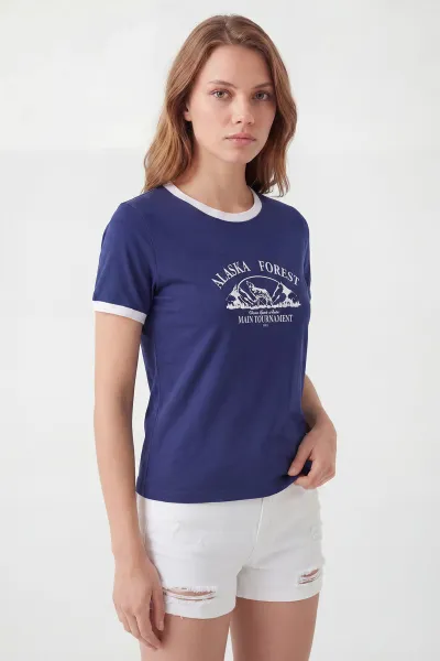 Saks Mavisi Baskılı Süprem Kadın Tişört 451428