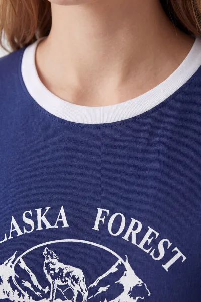 Saks Mavisi Baskılı Süprem Kadın Tişört 451428