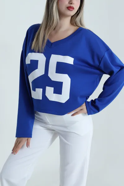Saks Mavisi Baskılı V Yaka Vortex Kadın Bluz 487897