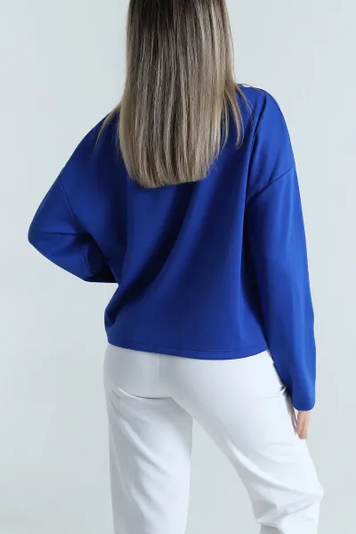 Saks Mavisi Baskılı V Yaka Vortex Kadın Bluz 487897